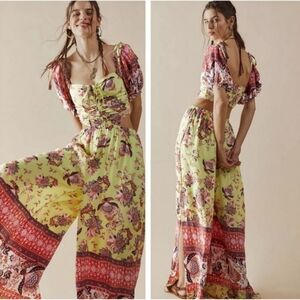 NWT Free People Bali Citrus Skies Paisley Ruched Halter Neck Cut Out Jumpsuit
